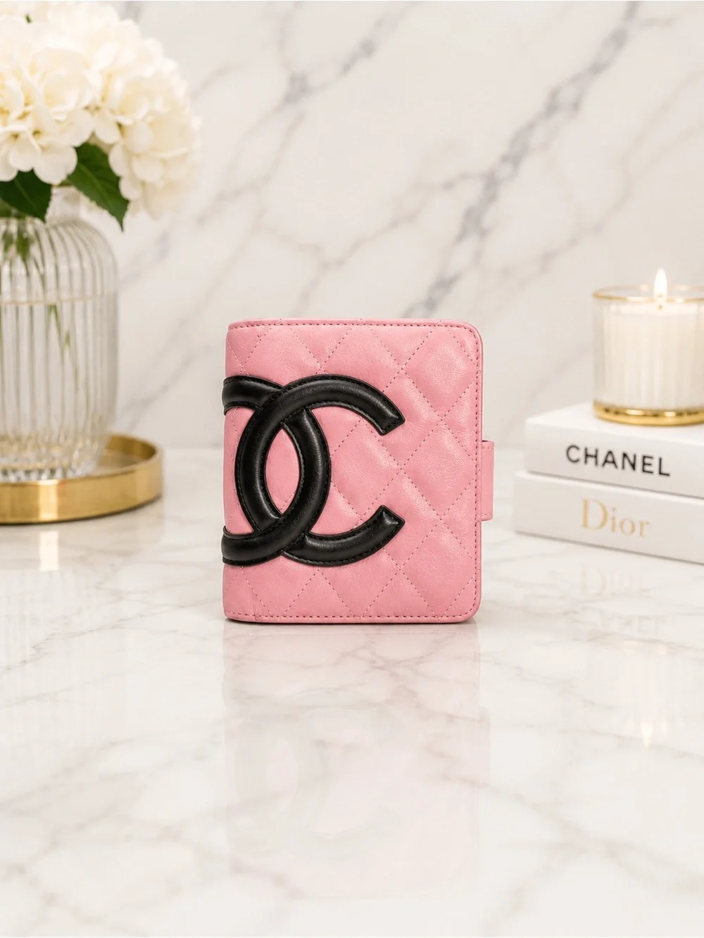 CHANEL Cambon Ligne Quilted Lambskin Bifold Wallet Pink & Black Full Inclusion